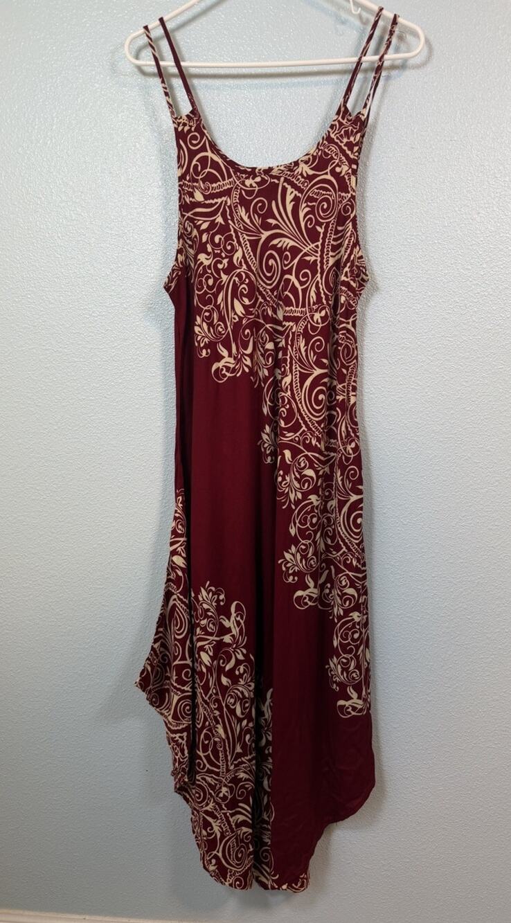 Kathmandu Imports Rayon Maxi Dress One Size Burgundy Boho Handkerchief Hem